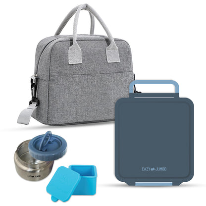 EAZY KIDS Jumbo Bento Lunch Box w/Lunch Bag and Thermos & Dip Jar- Grey