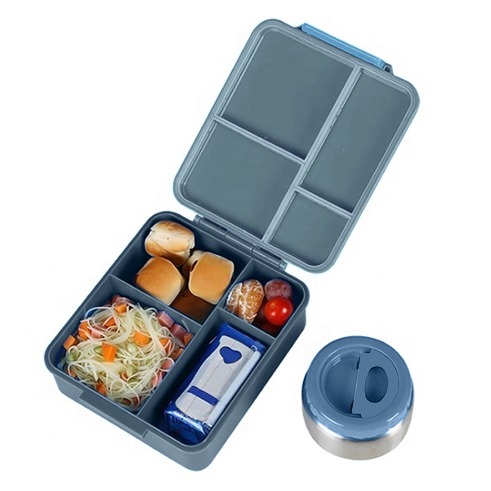 EAZY KIDS Jumbo Bento Lunch Box w/Lunch Bag and Thermos & Dip Jar- Grey
