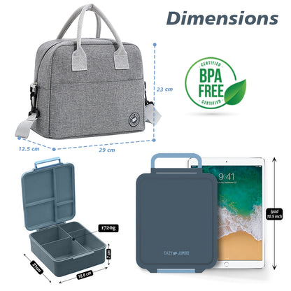 EAZY KIDS Jumbo Bento Lunch Box w/Lunch Bag and Thermos & Dip Jar- Grey