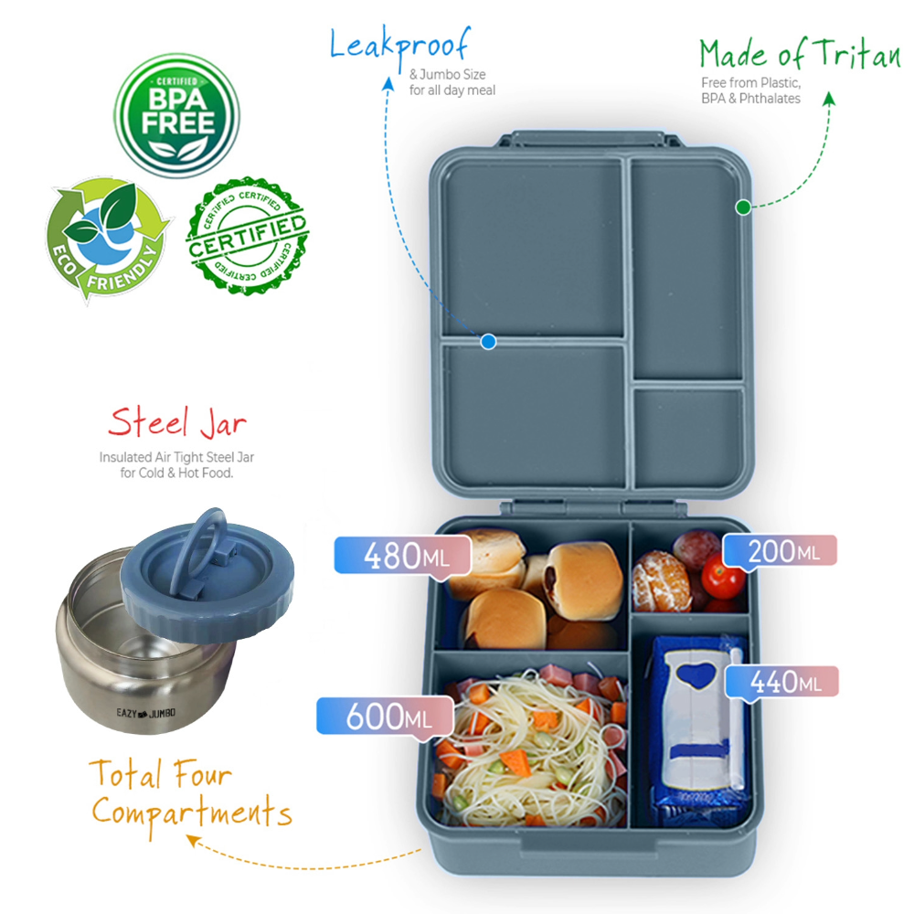 EAZY KIDS Jumbo Bento Lunch Box w/Lunch Bag and Thermos & Dip Jar- Grey