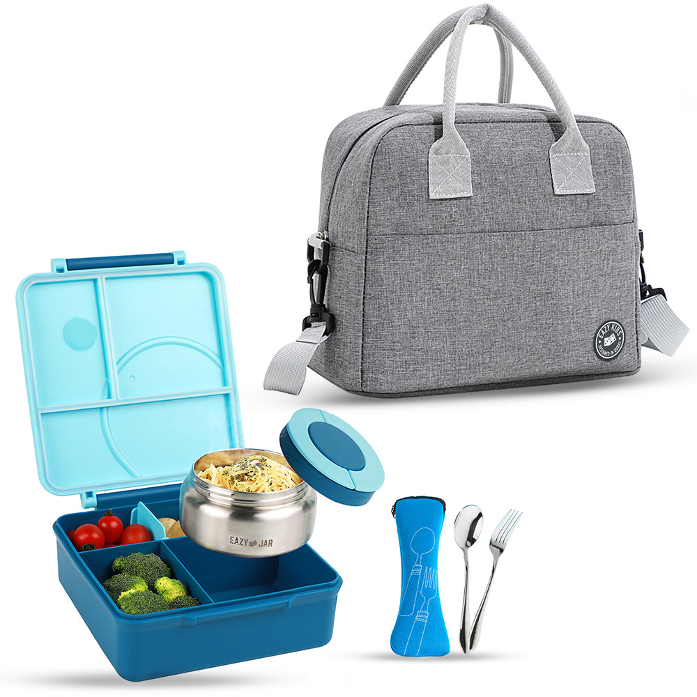 EAZY KIDS Jumbo Bento Lunch Box w/Grey Lunch Bag , Food Jar and Cutlery - Blue