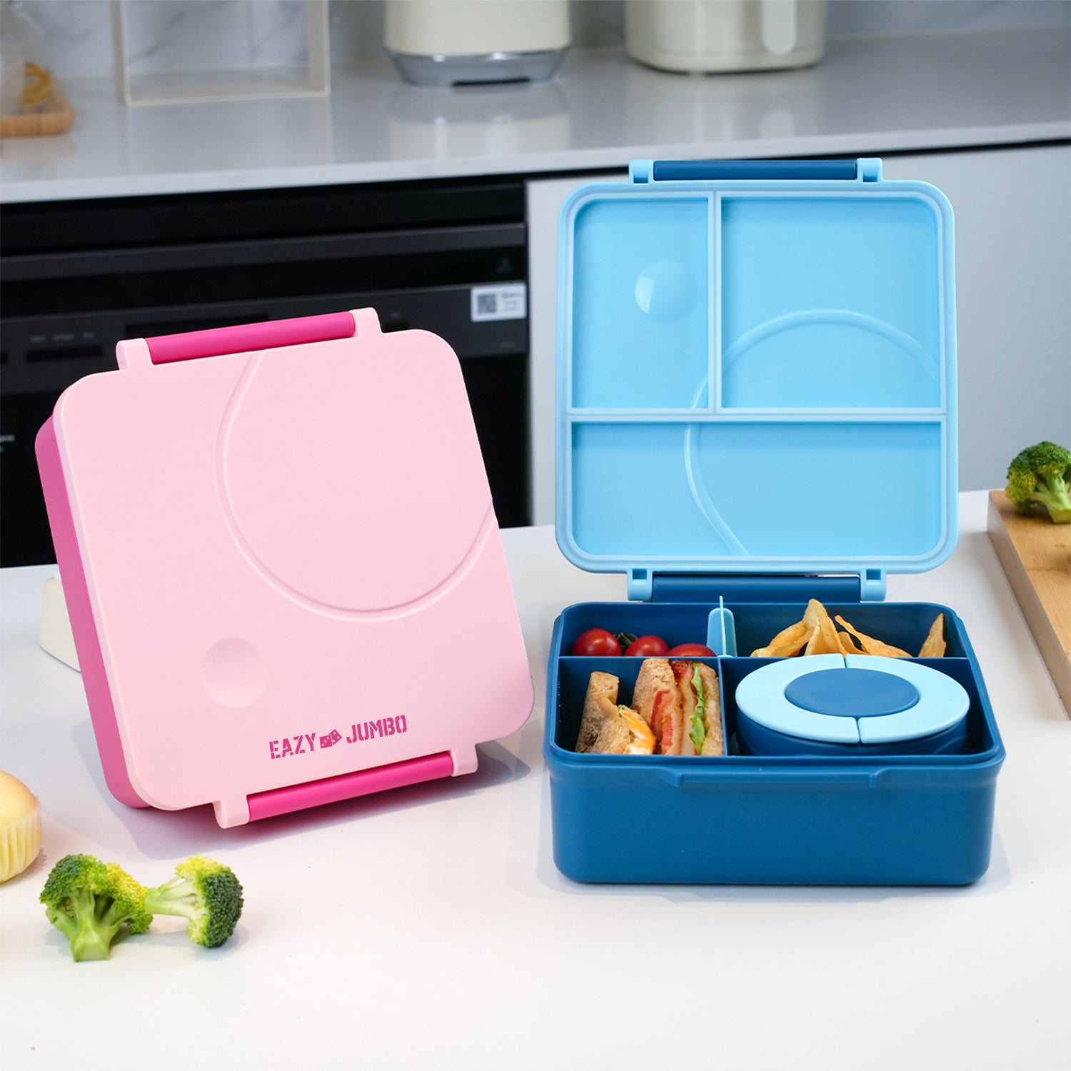 EAZY KIDS Jumbo Bento Lunch Box w/Grey Lunch Bag , Food Jar and Cutlery - Blue