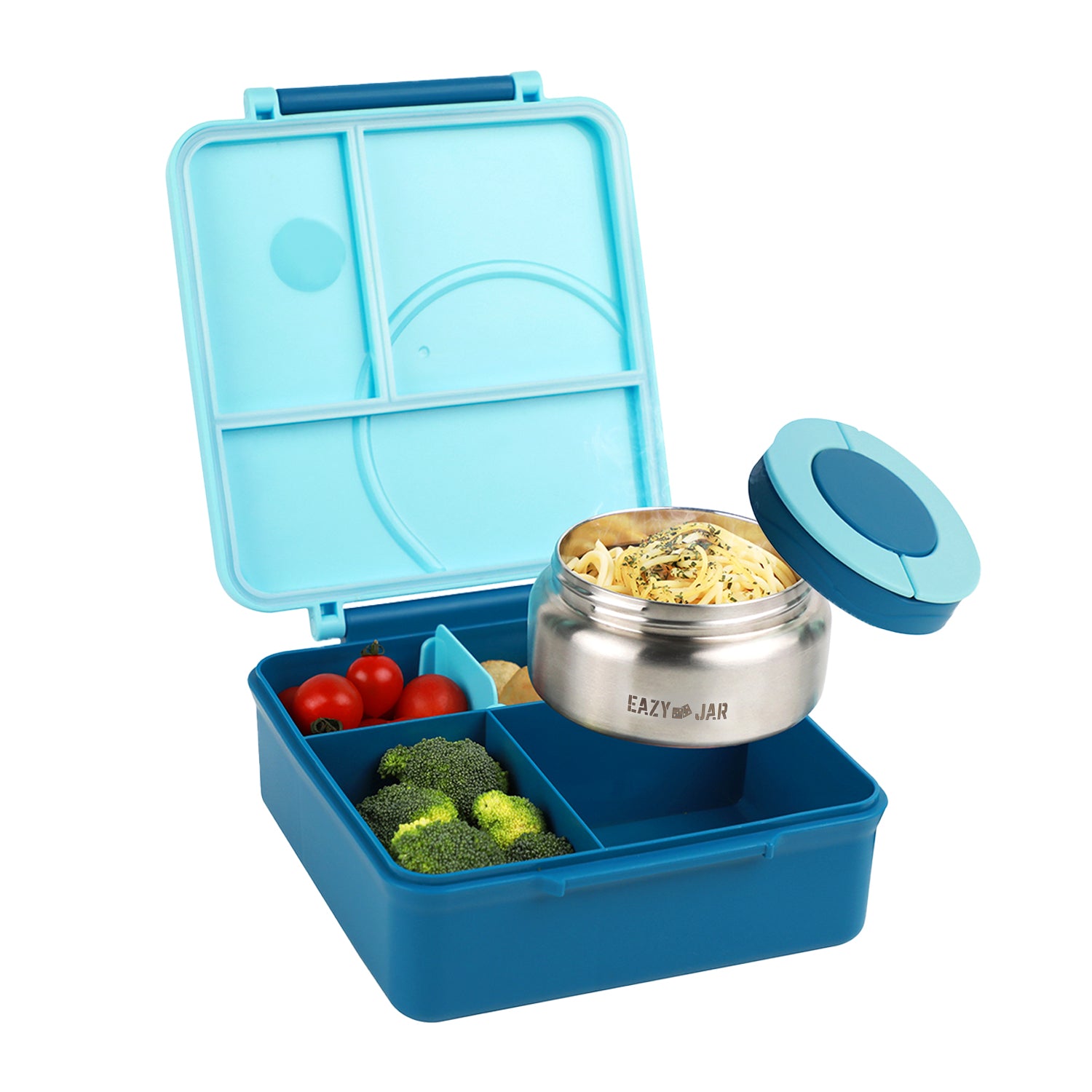 EAZY KIDS Jumbo Bento Lunch Box w/Grey Lunch Bag , Food Jar and Cutlery - Blue