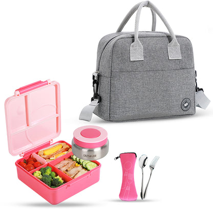 EAZY KIDS Jumbo Bento Lunch Box w/Grey Lunch Bag , Food Jar and Cutlery - Pink