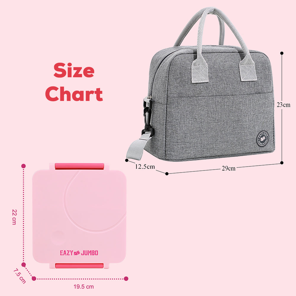 EAZY KIDS Jumbo Bento Lunch Box w/Grey Lunch Bag , Food Jar and Cutlery - Pink