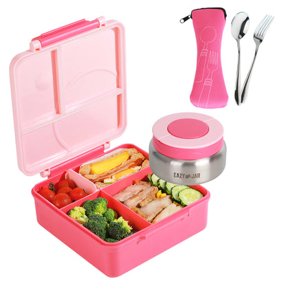 EAZY KIDS Jumbo Bento Lunch Box w/Pink Lunch Bag , Food Jar and Cutlery - Pink