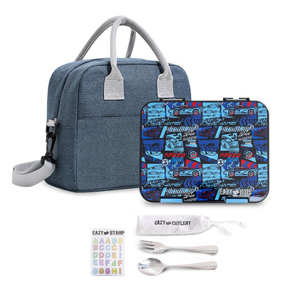 EAZY KIDS 6 & 4 Convertible Bento Lunch Box w/ Lunch Bag, Steel Spoon & Fork Set and Alphabets Sticker - Car Racing Blue