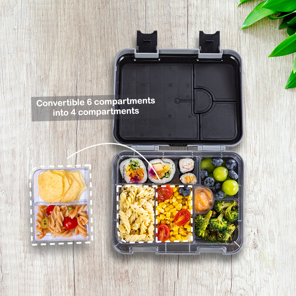 EAZY KIDS 6 & 4 Convertible Bento Lunch Box w/ Lunch Bag, Steel Spoon & Fork Set and Alphabets Sticker - Car Racing Blue