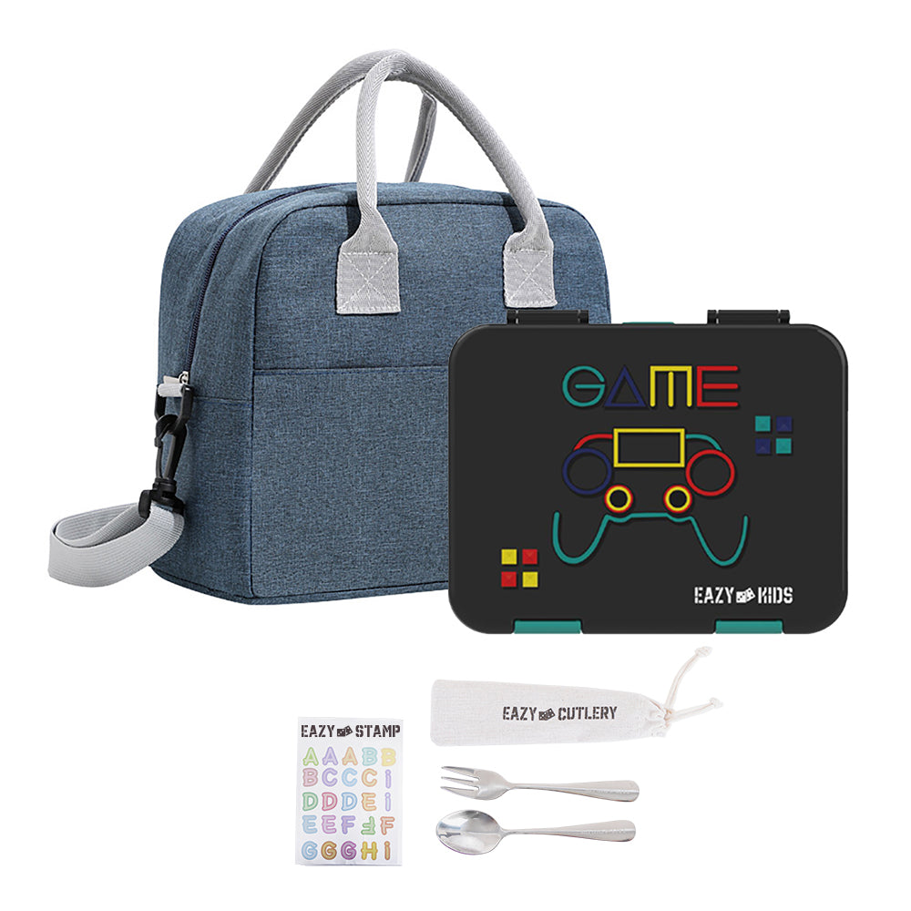 EAZY KIDS 6 & 4 Convertible Bento Lunch Box w/ Lunch Bag, Steel Spoon & Fork Set and Alphabets Sticker - Gamer
