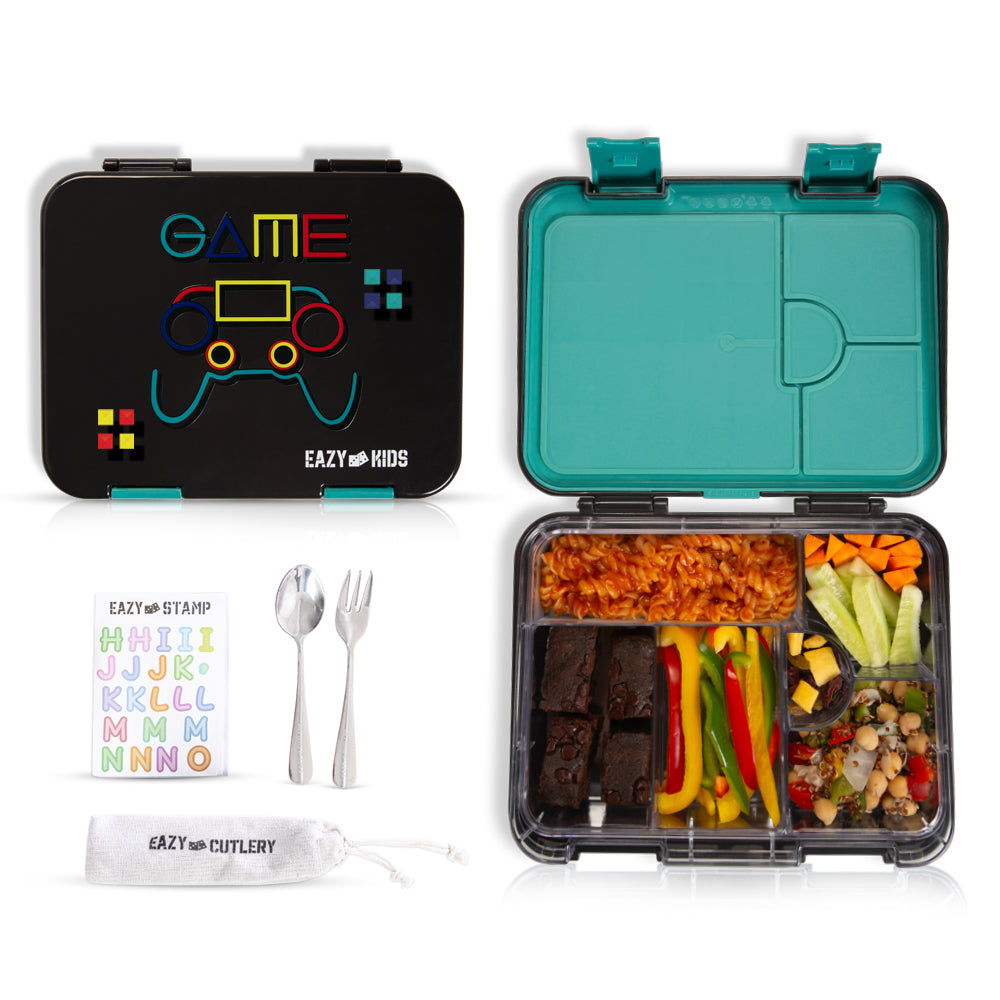 EAZY KIDS 6 & 4 Convertible Bento Lunch Box w/ Lunch Bag, Steel Spoon & Fork Set and Alphabets Sticker - Gamer