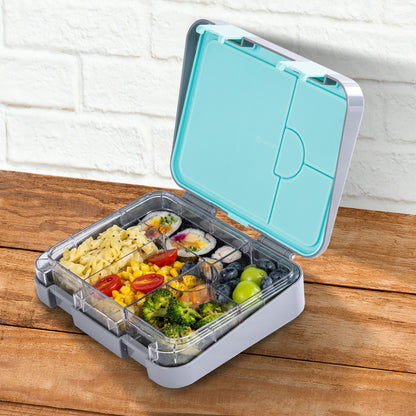 EAZY KIDS 6 & 4 Convertible Bento Lunch Box w/ Lunch Bag, Steel Spoon & Fork Set and Alphabets Sticker - T-Rex Grey