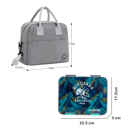 EAZY KIDS 6 & 4 Convertible Bento Lunch Box w/ Lunch Bag, Steel Spoon & Fork Set and Alphabets Sticker - T-Rex Grey