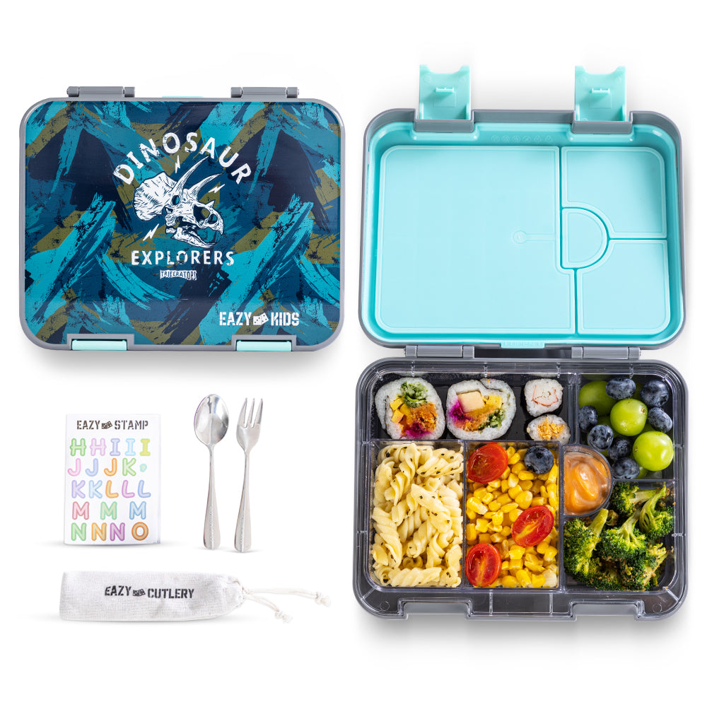 EAZY KIDS 6 & 4 Convertible Bento Lunch Box w/ Lunch Bag, Steel Spoon & Fork Set and Alphabets Sticker - T-Rex Grey