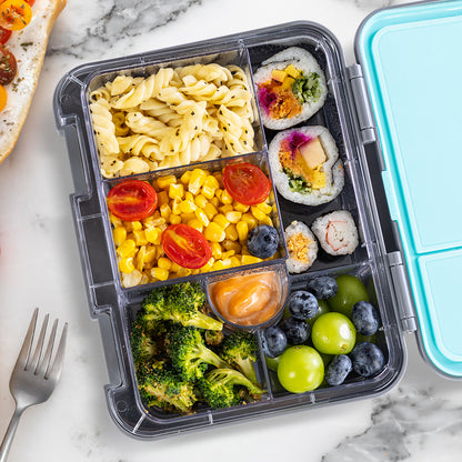 EAZY KIDS 6 & 4 Convertible Bento Lunch Box w/ Lunch Bag, Steel Spoon & Fork Set and Alphabets Sticker - T-Rex Grey