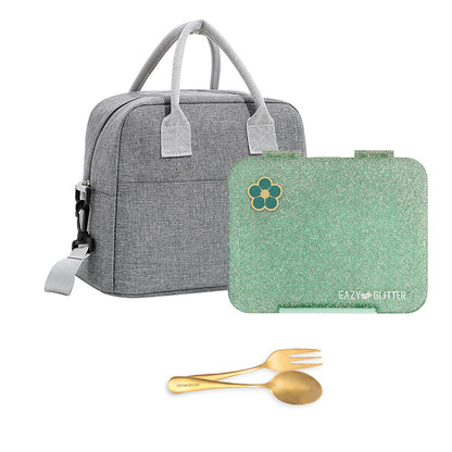 EAZY KIDS 6 & 4 Convertible Bento Lunch Box w/ Lunch Bag - Glitter Green
