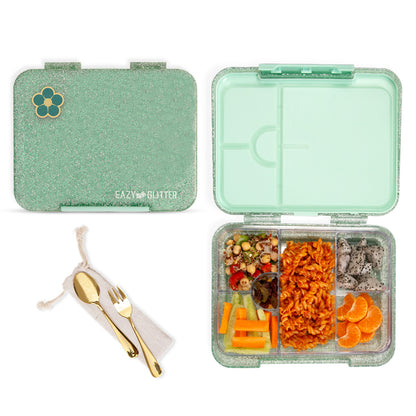 EAZY KIDS 6 & 4 Convertible Bento Lunch Box w/ Lunch Bag - Glitter Green
