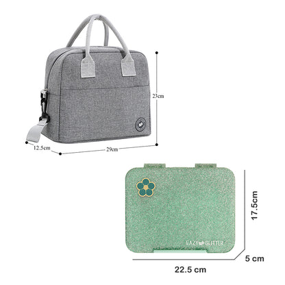 EAZY KIDS 6 & 4 Convertible Bento Lunch Box w/ Lunch Bag - Glitter Green