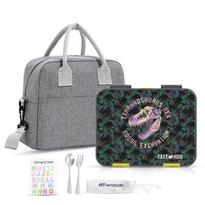 EAZY KIDS 6 & 4 Convertible Bento Lunch Box w/ Lunch Bag, Steel Spoon & Fork Set and Alphabets Sticker - T-Rex dino Grey