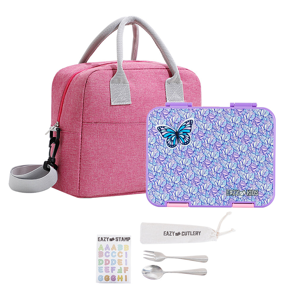 EAZY KIDS 6 & 4 Convertible Bento Lunch Box w/ Lunch Bag, Steel Spoon & Fork Set and Alphabets Sticker - Butterfly Purple