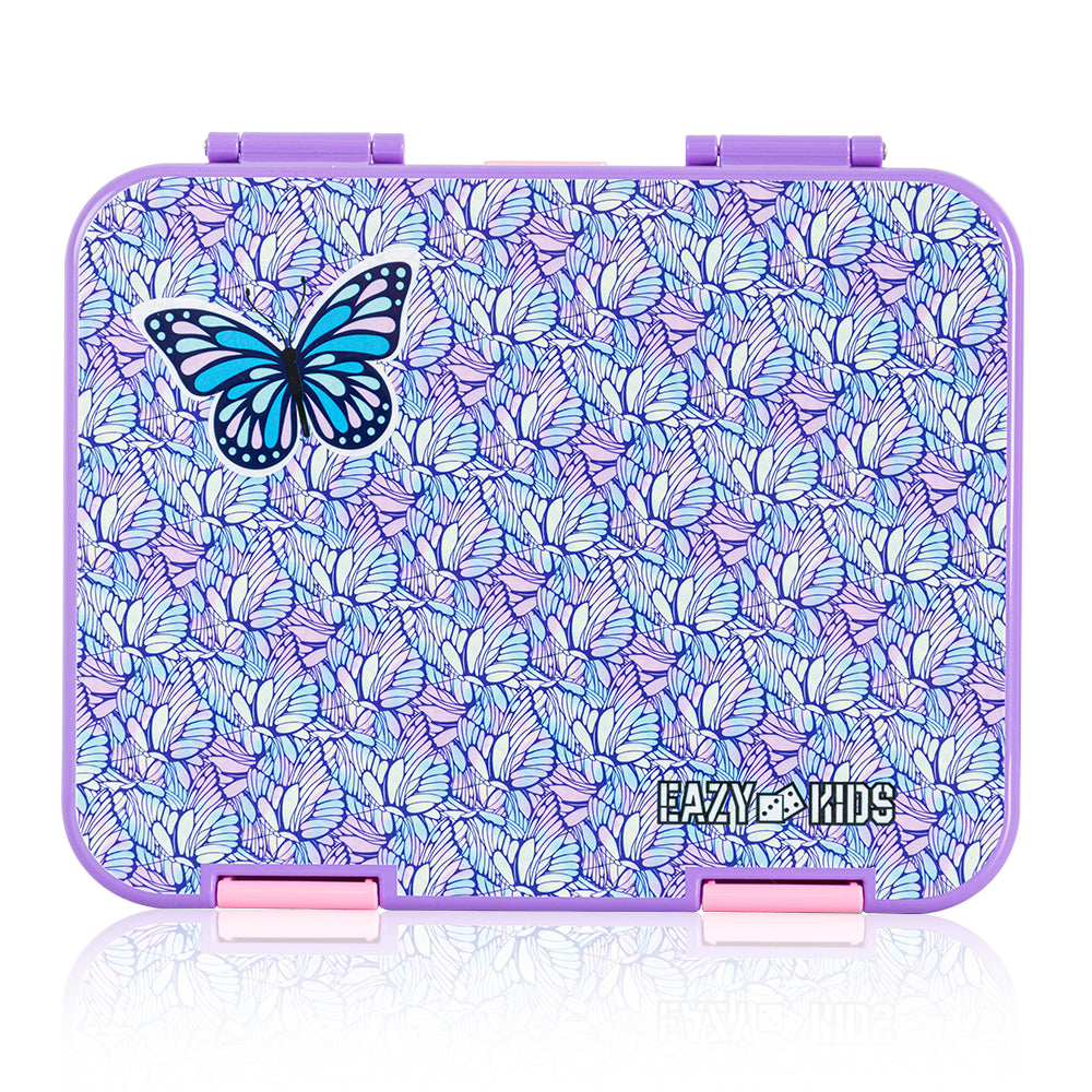 EAZY KIDS 6 & 4 Convertible Bento Lunch Box w/ Lunch Bag, Steel Spoon & Fork Set and Alphabets Sticker - Butterfly Purple