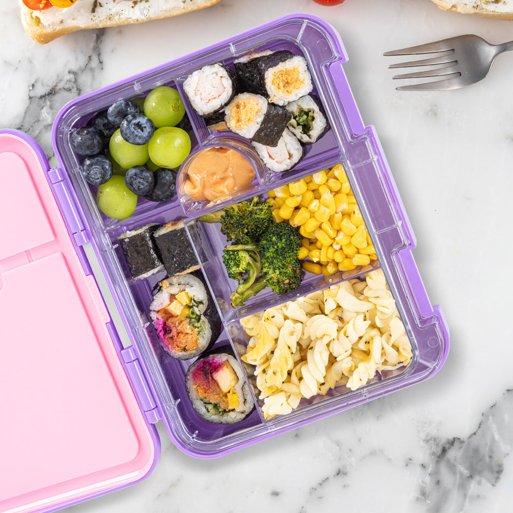 EAZY KIDS 6 & 4 Convertible Bento Lunch Box w/ Lunch Bag, Steel Spoon & Fork Set and Alphabets Sticker - Butterfly Purple