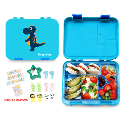 EAZY KIDS Dinosaur 6/4 Compartment Bento Lunch Box w/Lunch Bag - Blue