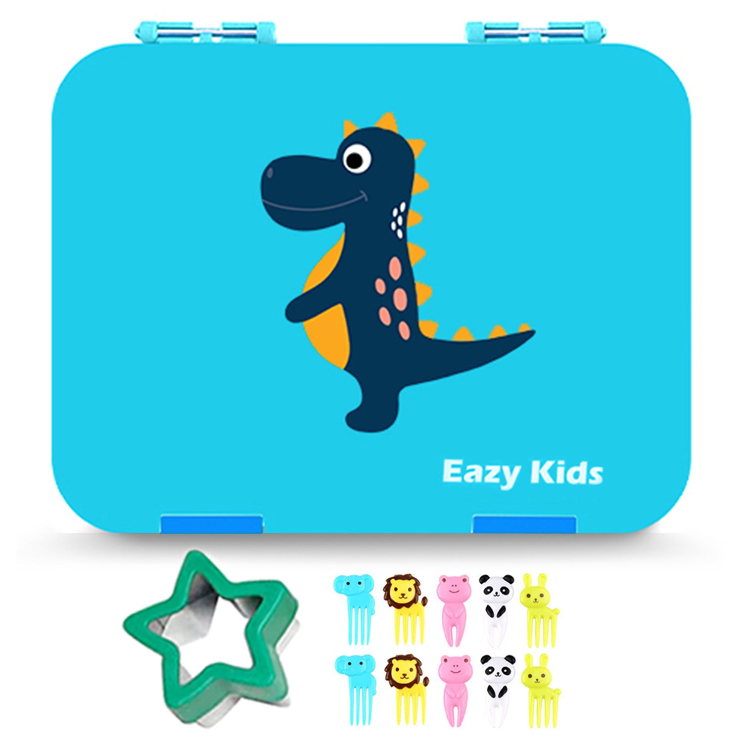 EAZY KIDS Dinosaur 6/4 Compartment Bento Lunch Box w/Lunch Bag - Blue