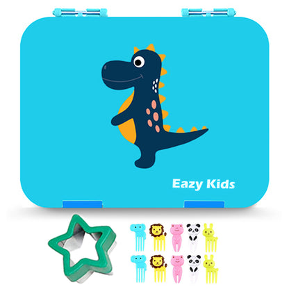 EAZY KIDS Dinosaur 6/4 Compartment Bento Lunch Box w/Lunch Bag - Blue