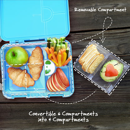 EAZY KIDS Dinosaur 6/4 Compartment Bento Lunch Box w/Lunch Bag - Blue