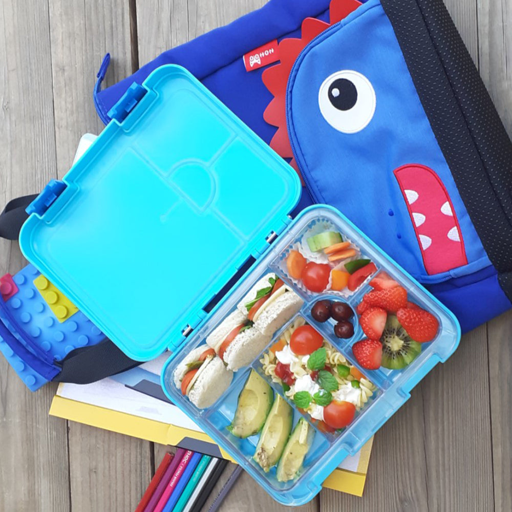 EAZY KIDS Dinosaur 6/4 Compartment Bento Lunch Box w/Lunch Bag - Blue