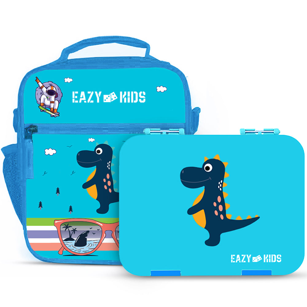 EAZY KIDS Dinosaur 6/4 Compartment Bento Lunch Box w/Lunch Bag - Blue