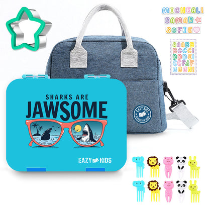EAZY KIDS Jawsome 6/4 Compartment Bento Lunch Box w/Lunch Bag - Blue