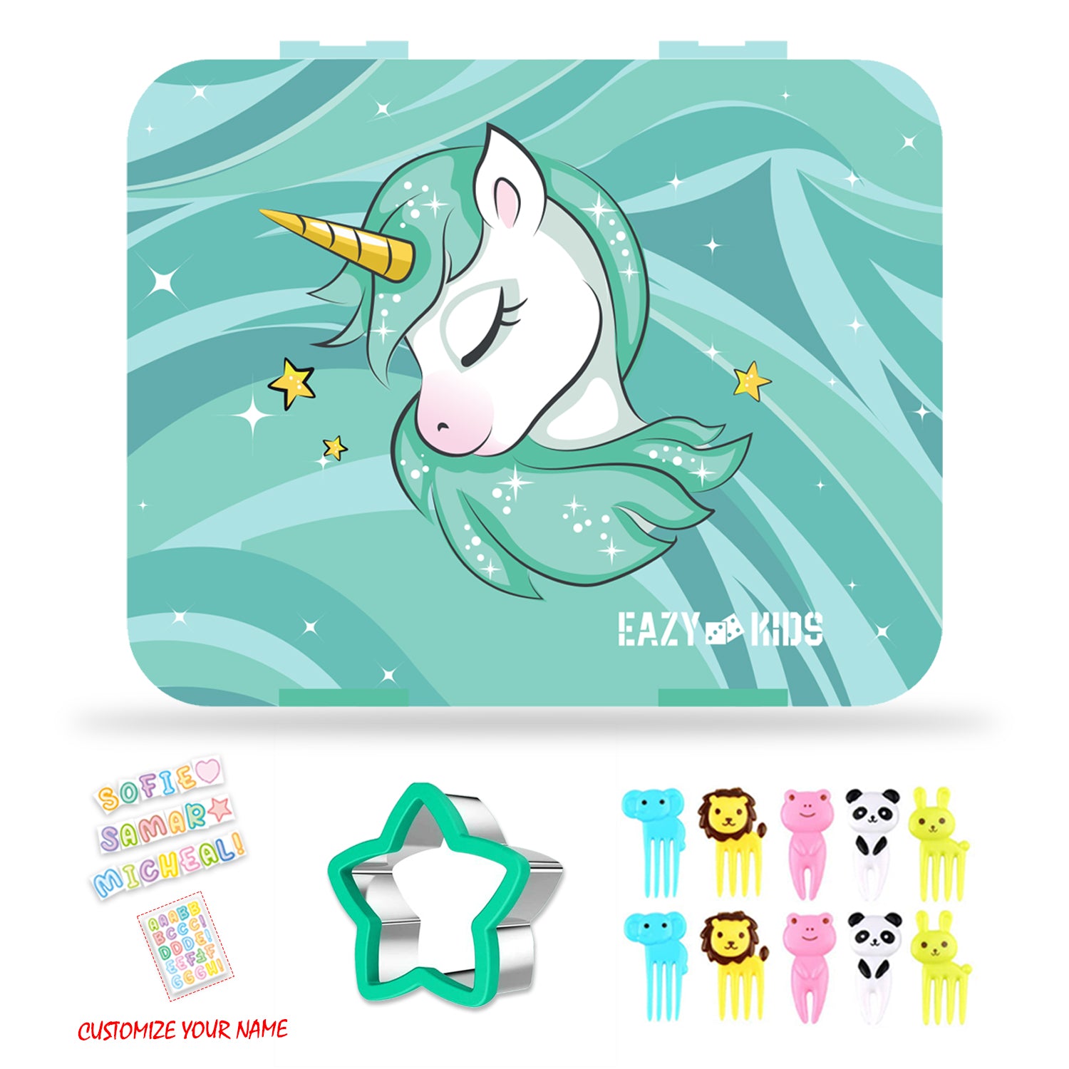 EAZY KIDS Unicorn Green 6/4 Compartment Bento Lunch Box w/Lunch Bag - Grey