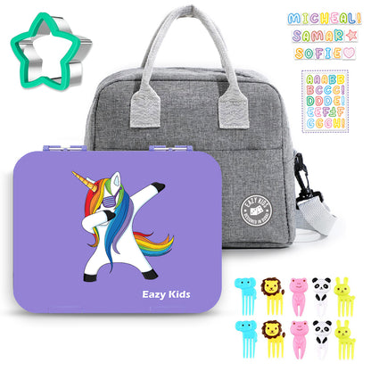 EAZY KIDS Unicorn Purple 6 Compartment Bento Lunch Box w/Lunch Bag - Grey