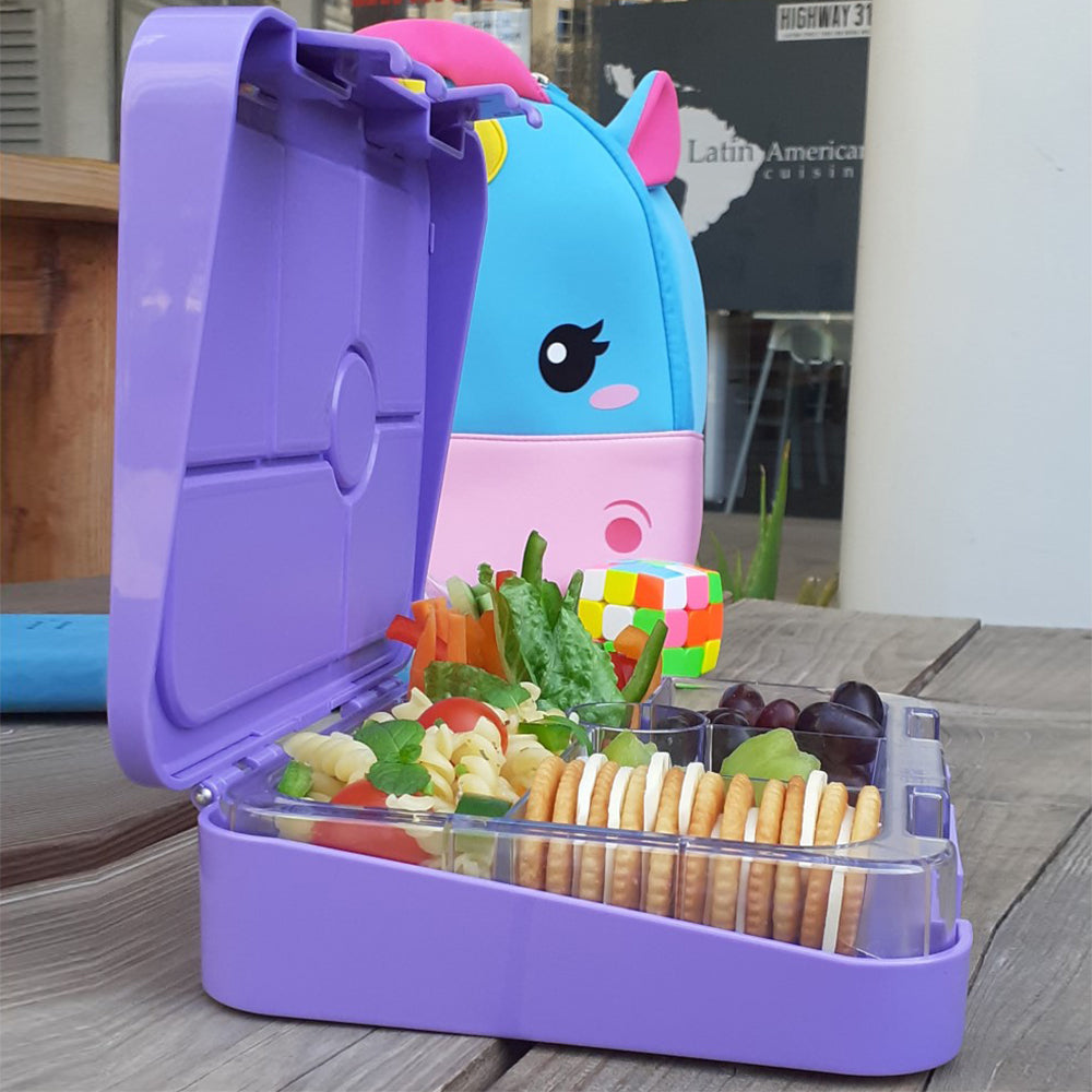 EAZY KIDS Unicorn Purple 6 Compartment Bento Lunch Box w/Lunch Bag - Grey