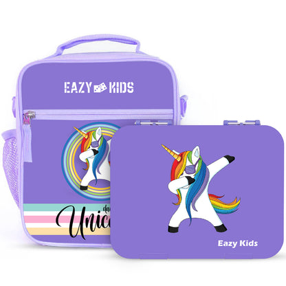 EAZY KIDS Unicorn Purple 6 Compartment Bento Lunch Box w/Lunch Bag - Grey