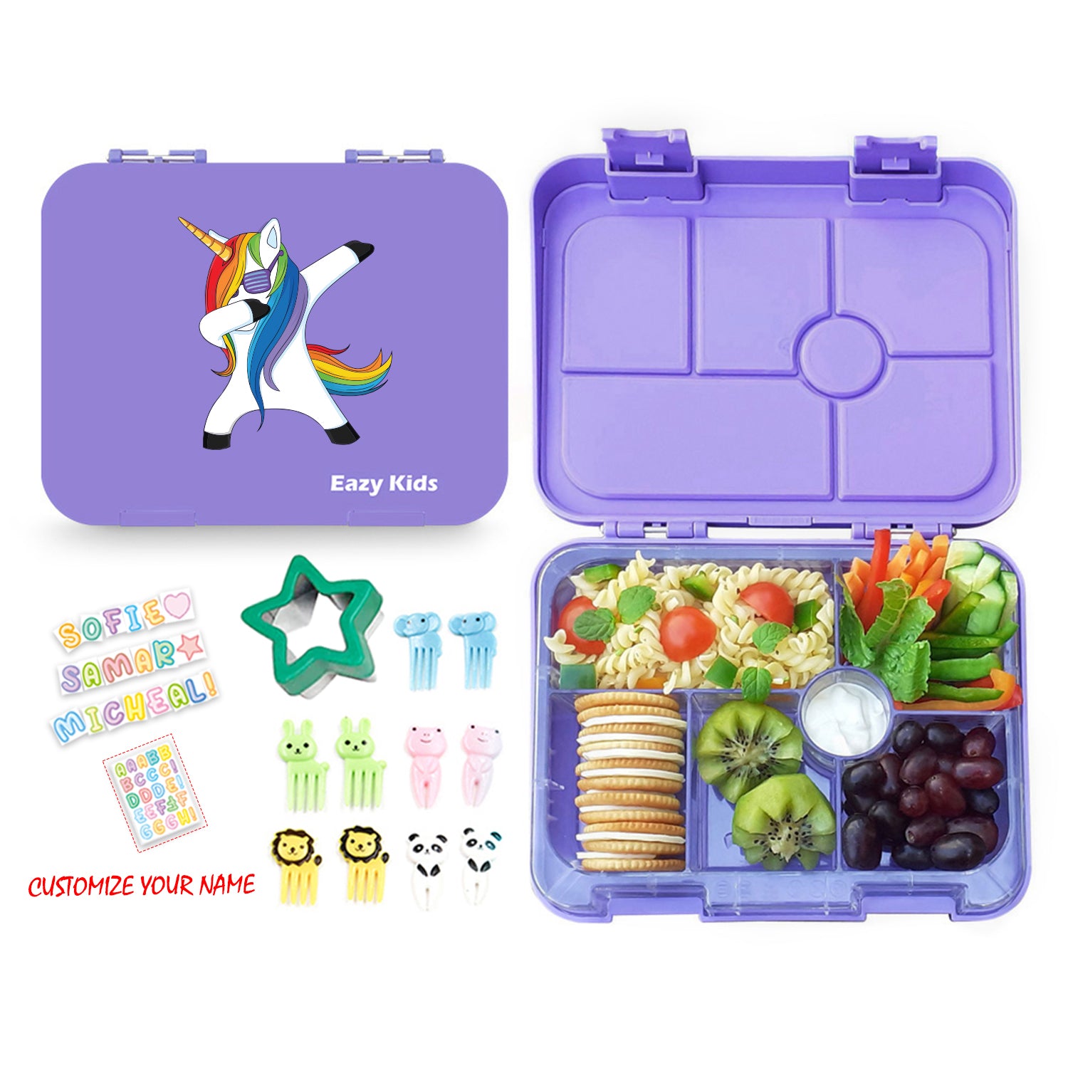 EAZY KIDS Unicorn Purple 6 Compartment Bento Lunch Box w/Lunch Bag - Grey
