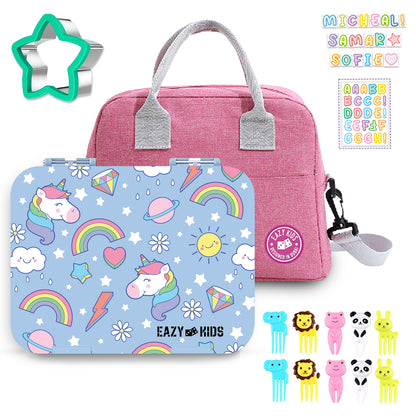 EAZY KIDS Unicorn 4 Compartment Bento Lunch Box w/Lunch Bag - Pink
