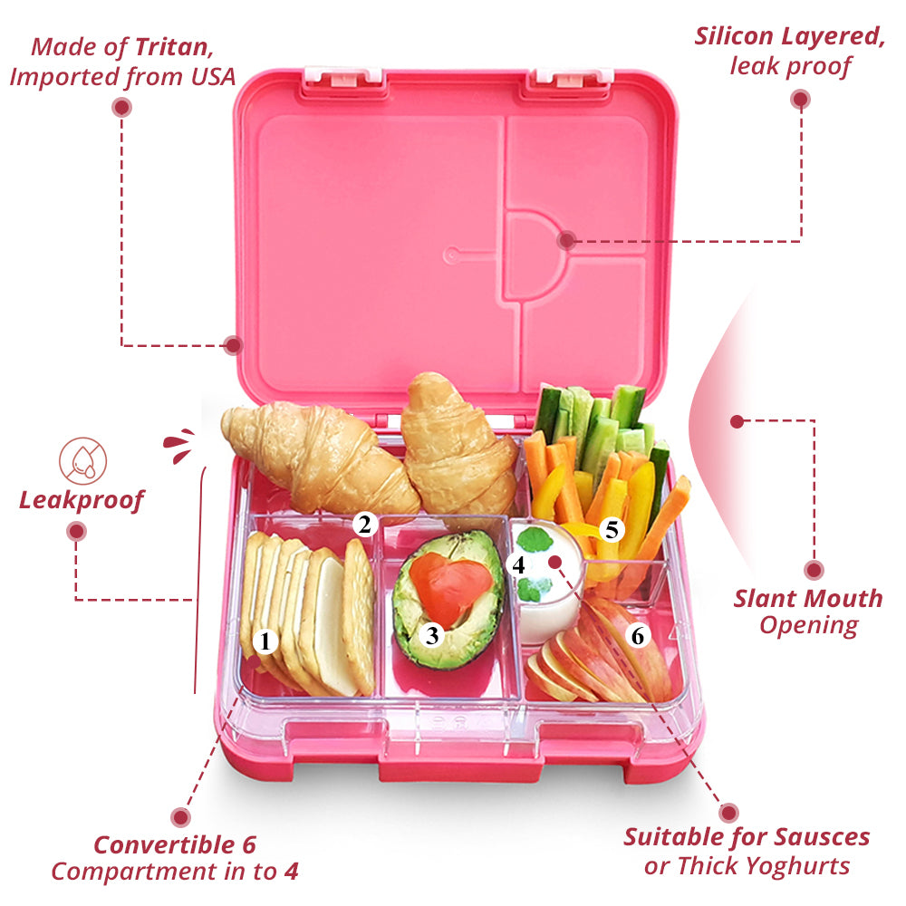 EAZY KIDS Unicorn 6/4 Compartment Bento Lunch Box w/Lunch Bag - Pink