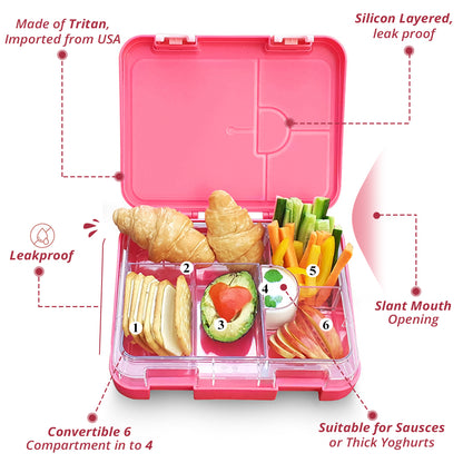 EAZY KIDS Unicorn 6/4 Compartment Bento Lunch Box w/Lunch Bag - Pink