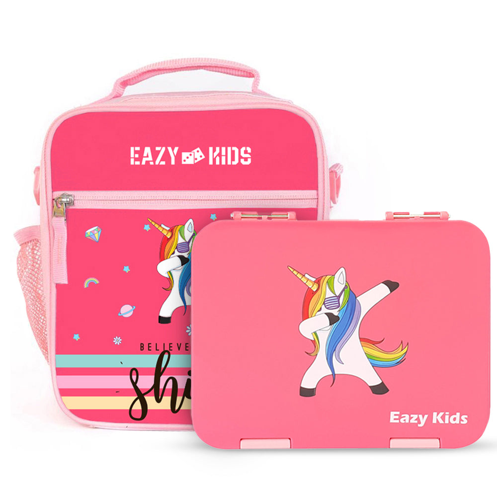 EAZY KIDS Unicorn 6/4 Compartment Bento Lunch Box w/Lunch Bag - Pink