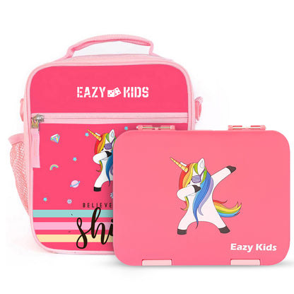 EAZY KIDS Unicorn 6/4 Compartment Bento Lunch Box w/Lunch Bag - Pink