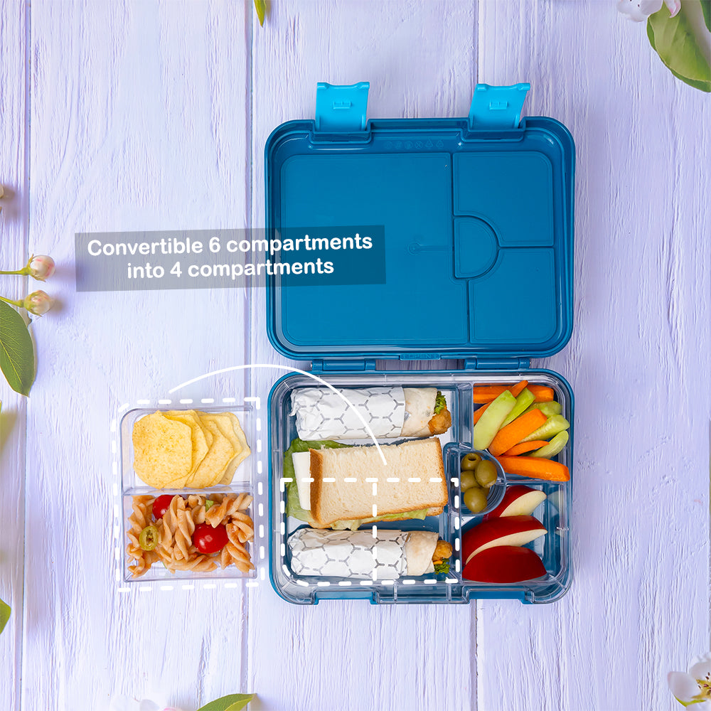 EAZY KIDS 6 & 4 Convertible Bento Lunch Box w/ Lunch Bag, Sandwich Cutter Set - T-Rex Blue