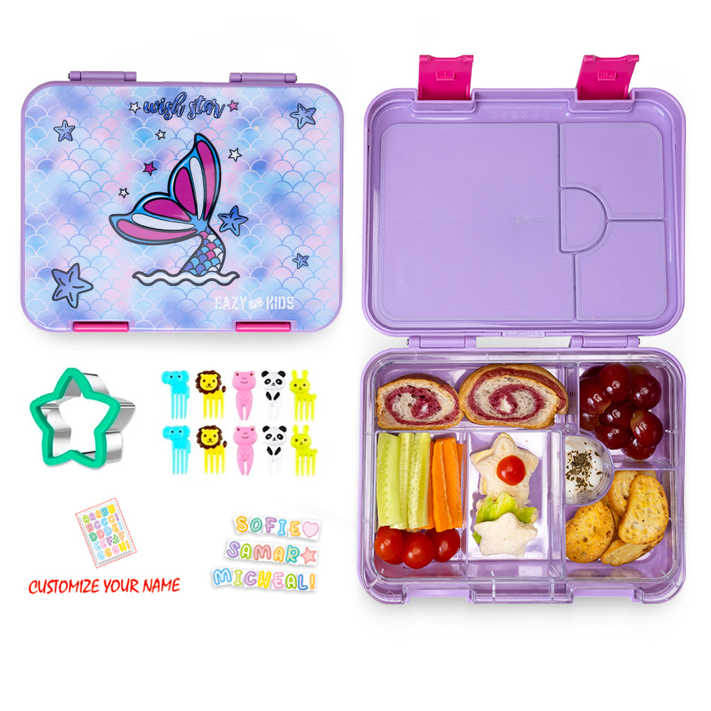 EAZY KIDS 6 & 4 Convertible Bento Lunch Box w/ Lunch Bag, Sandwich Cutter Set - Mermaid Purple