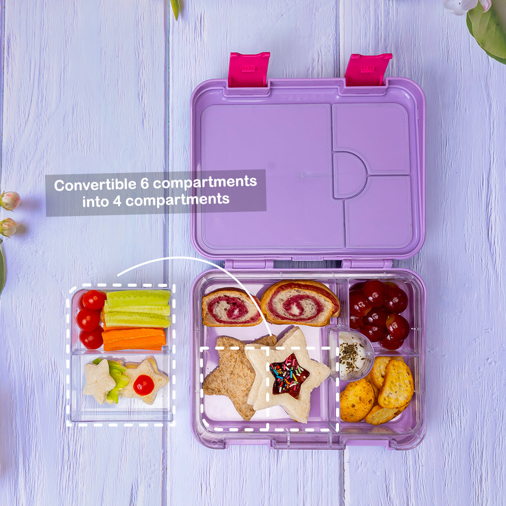 EAZY KIDS 6 & 4 Convertible Bento Lunch Box w/ Lunch Bag, Sandwich Cutter Set - Mermaid Purple