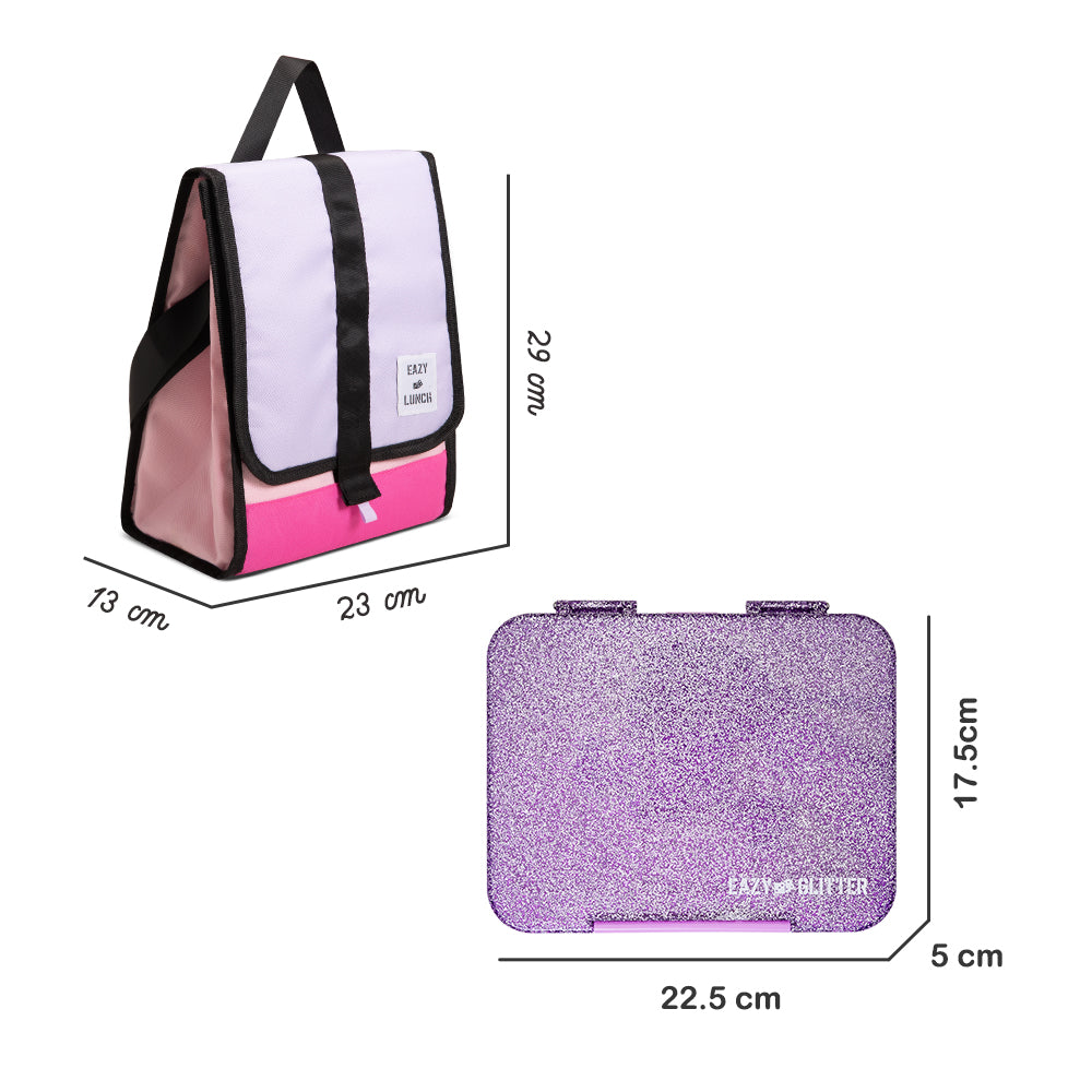 EAZY KIDS 6 & 4 Convertible Bento Lunch Box w/ Lunch Bag - Glitter Purple