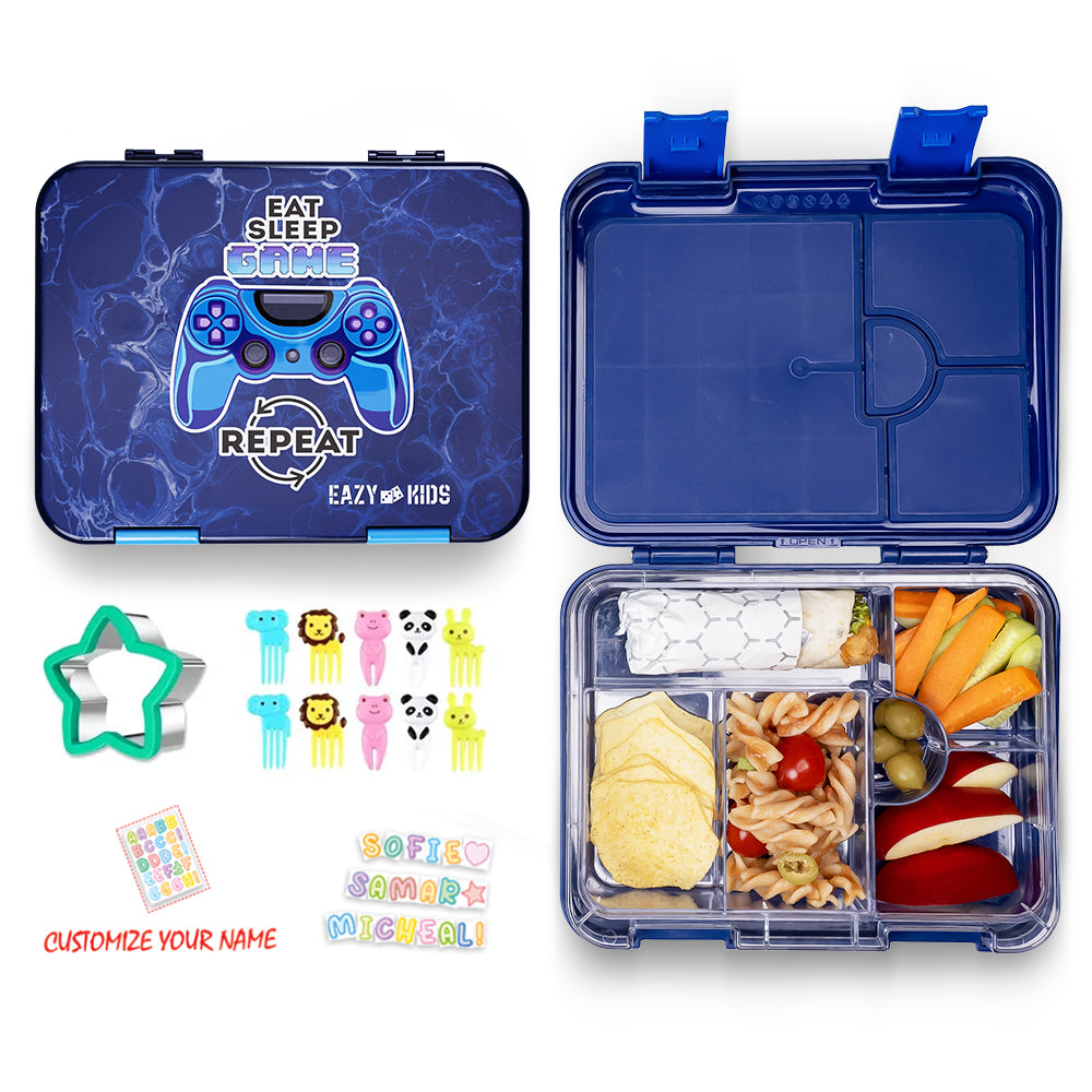 EAZY KIDS Bento Box wt Insulated Lunch Bag & Cutter Set - Combo - Eat Sleep Game Blue