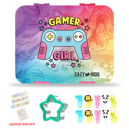 EAZY KIDS Bento Box wt Insulated Lunch Bag & Cutter Set - Combo - Gamer Girl