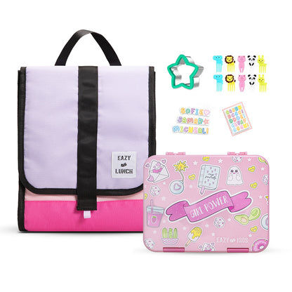 EAZY KIDS 5 & 4 Convertible Bento Lunch Box w/ Lunch Bag, Sandwich Cutter Set - Girl Power
