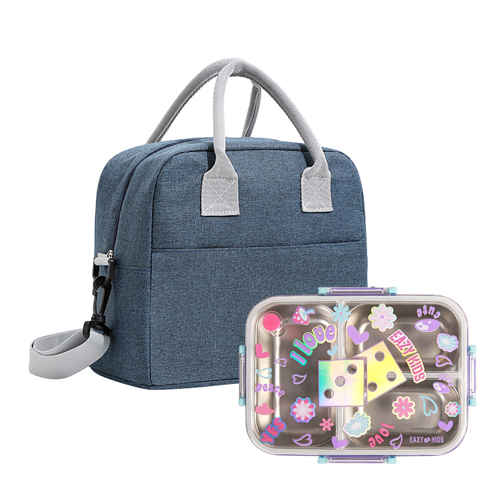 EAZY KIDS 3 Compartment Stainless Steel bento Lunch Box, 800ml w/ Lunch Bag - Floral Purple